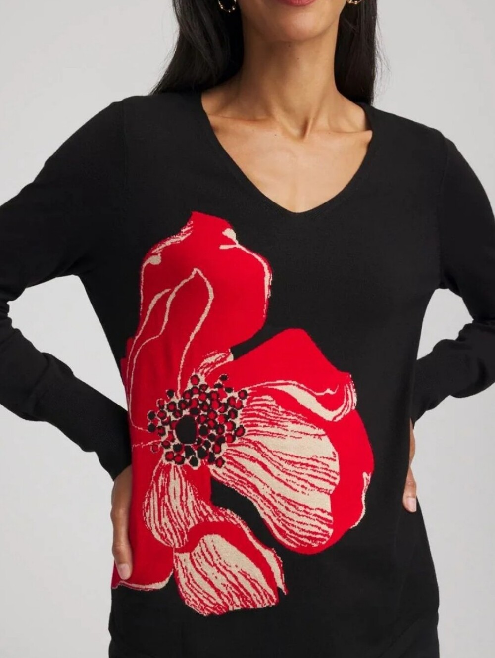 Chicos Black V-Neck Sweater with Large Red Floral Motif